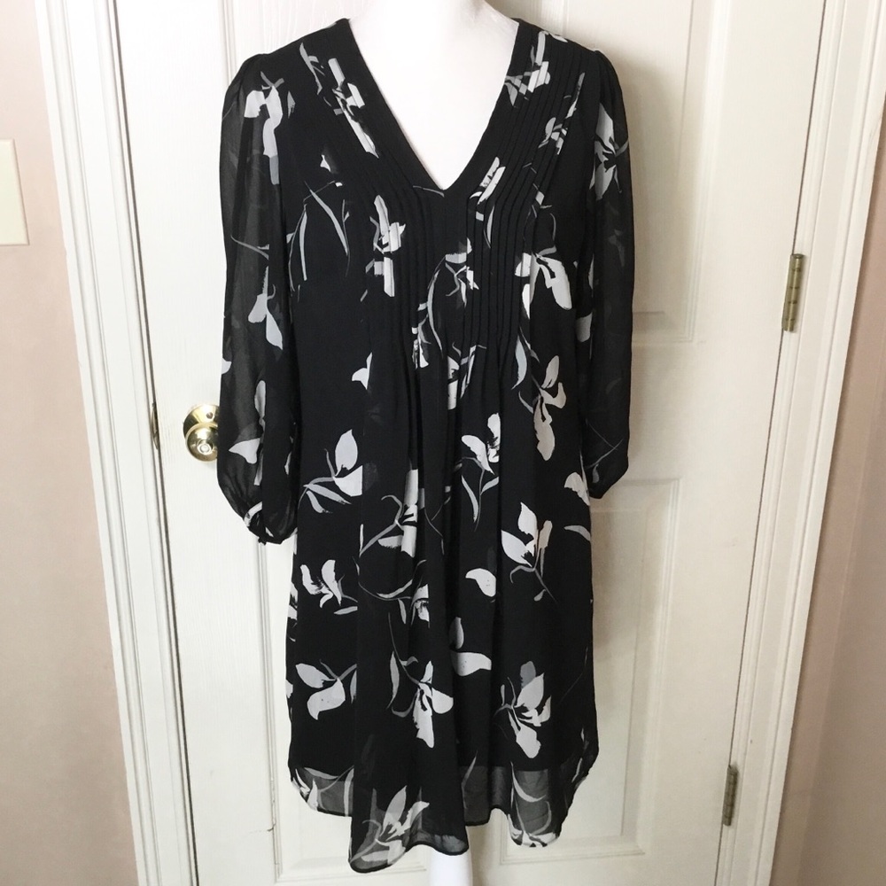 Calvin Klein Black & White Floral Long Sleeve Shift Dress - 4